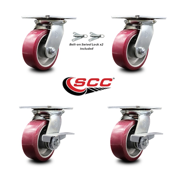 5 Inch Poly on Aluminum Swivel Caster Swivel Locks 2 Brakes, 2PK